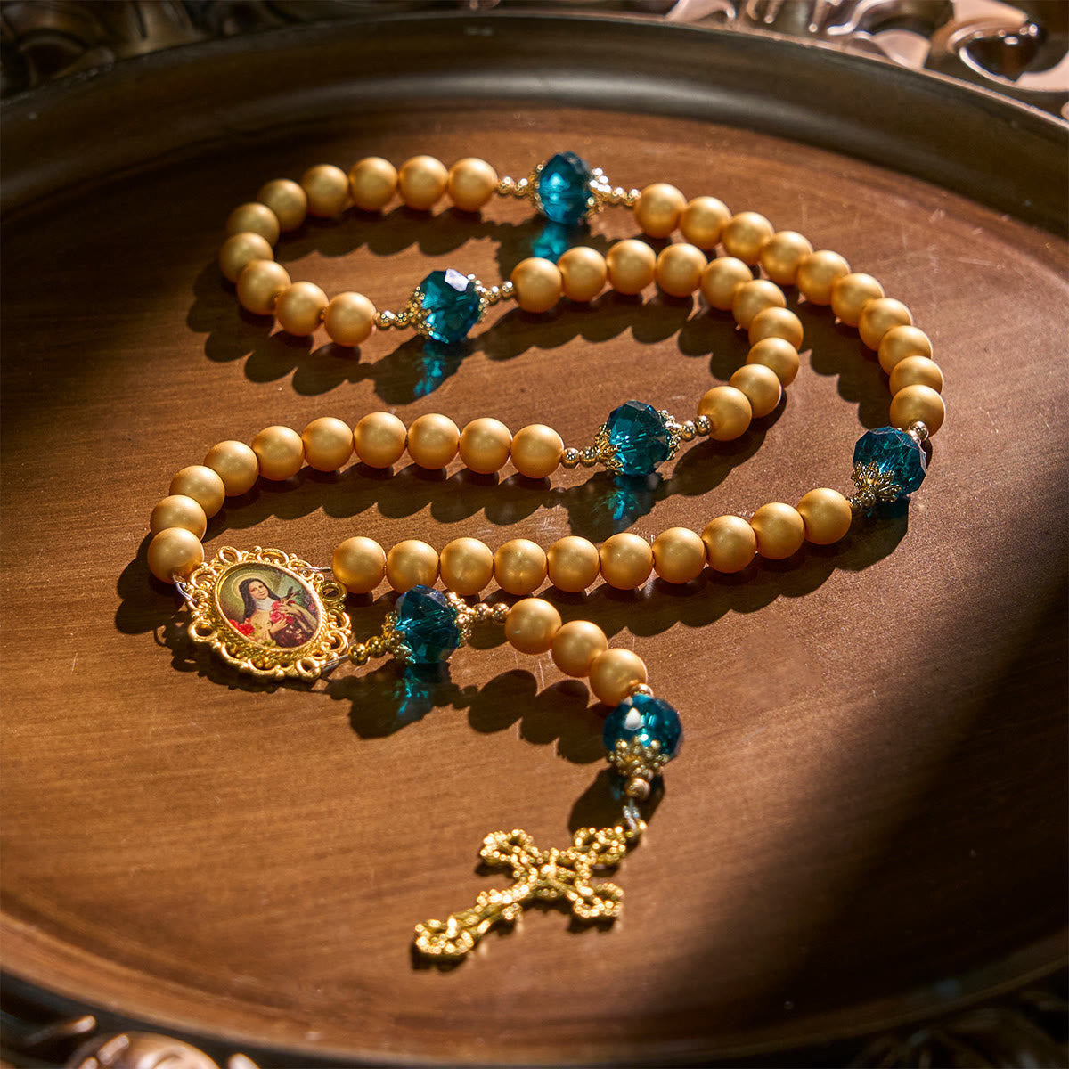 FREE Today: Elegant Matte Golden Pearl Rosary with St. Therese and Crucifix