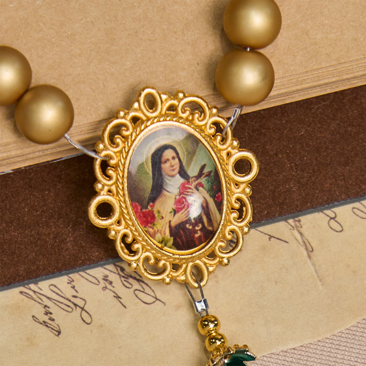 FREE Today: Elegant Matte Golden Pearl Rosary with St. Therese and Crucifix