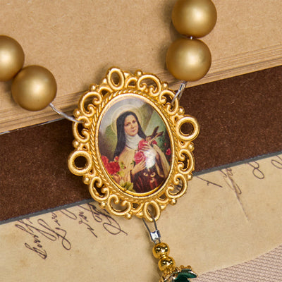FREE Today: Elegant Matte Golden Pearl Rosary with St. Therese and Crucifix