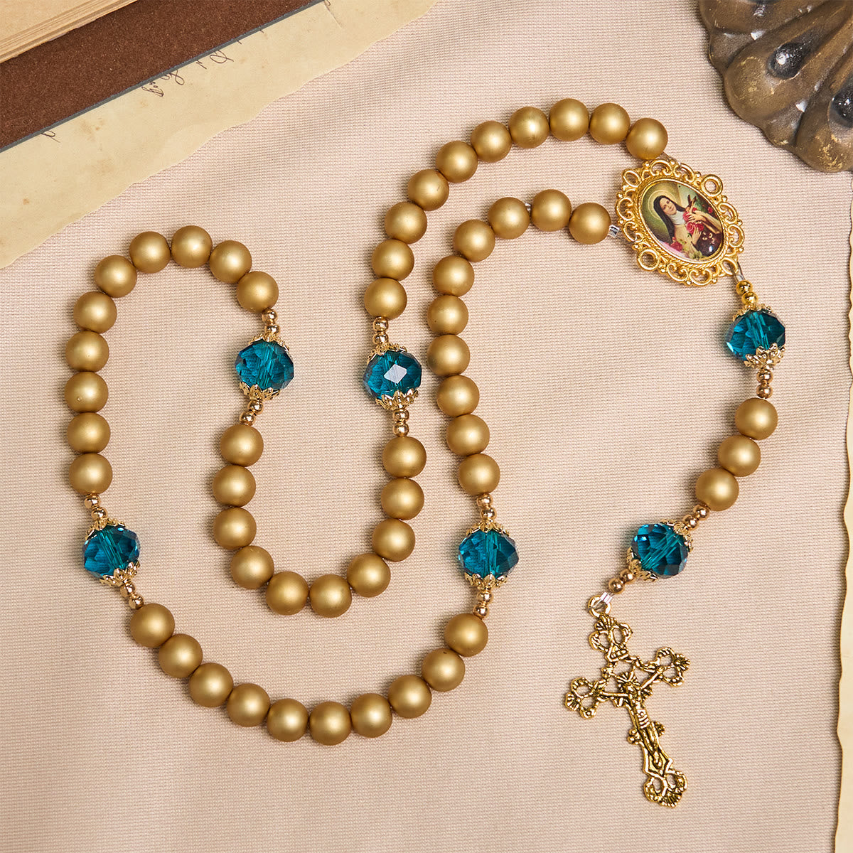 FREE Today: Elegant Matte Golden Pearl Rosary with St. Therese and Crucifix