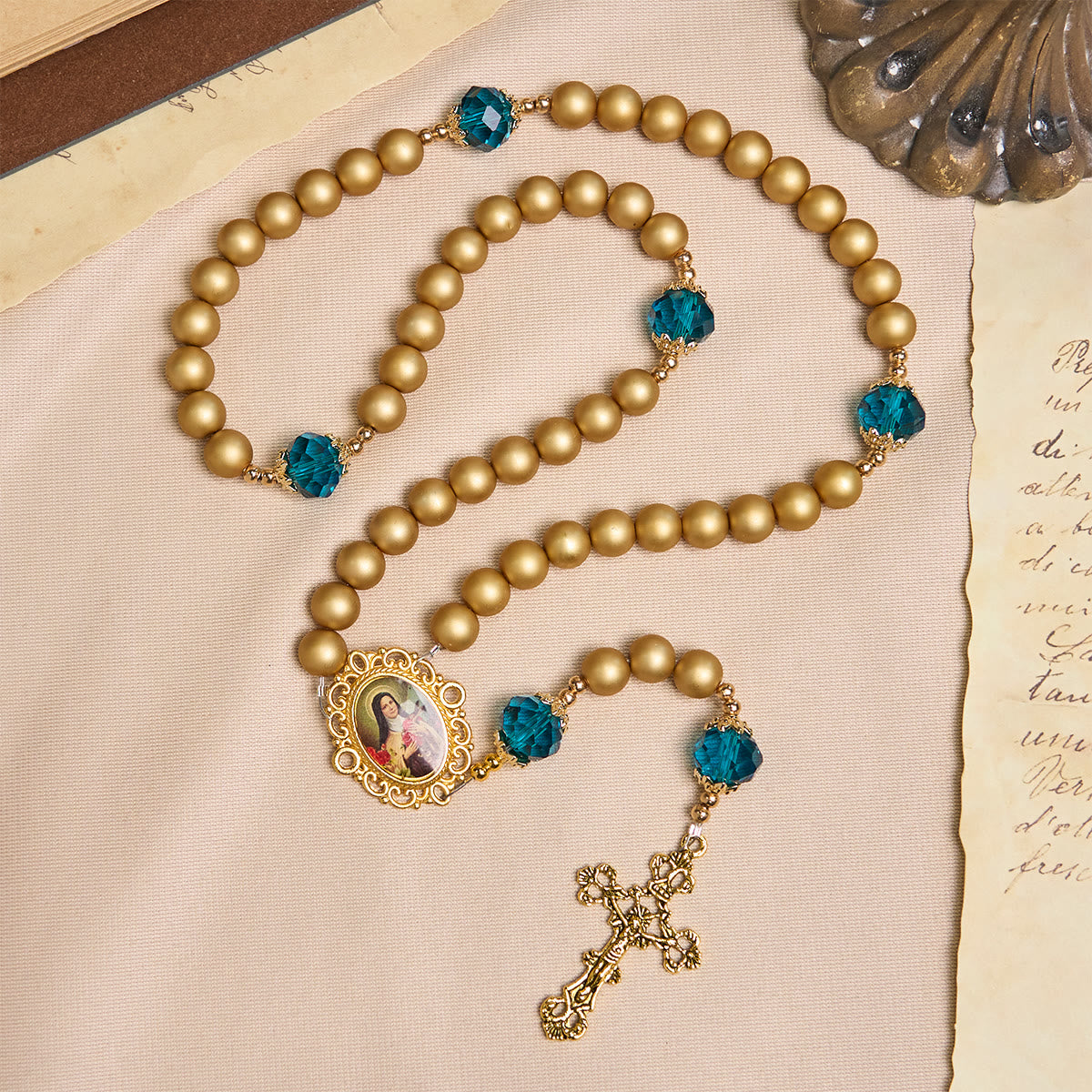 FREE Today: Elegant Matte Golden Pearl Rosary with St. Therese and Crucifix