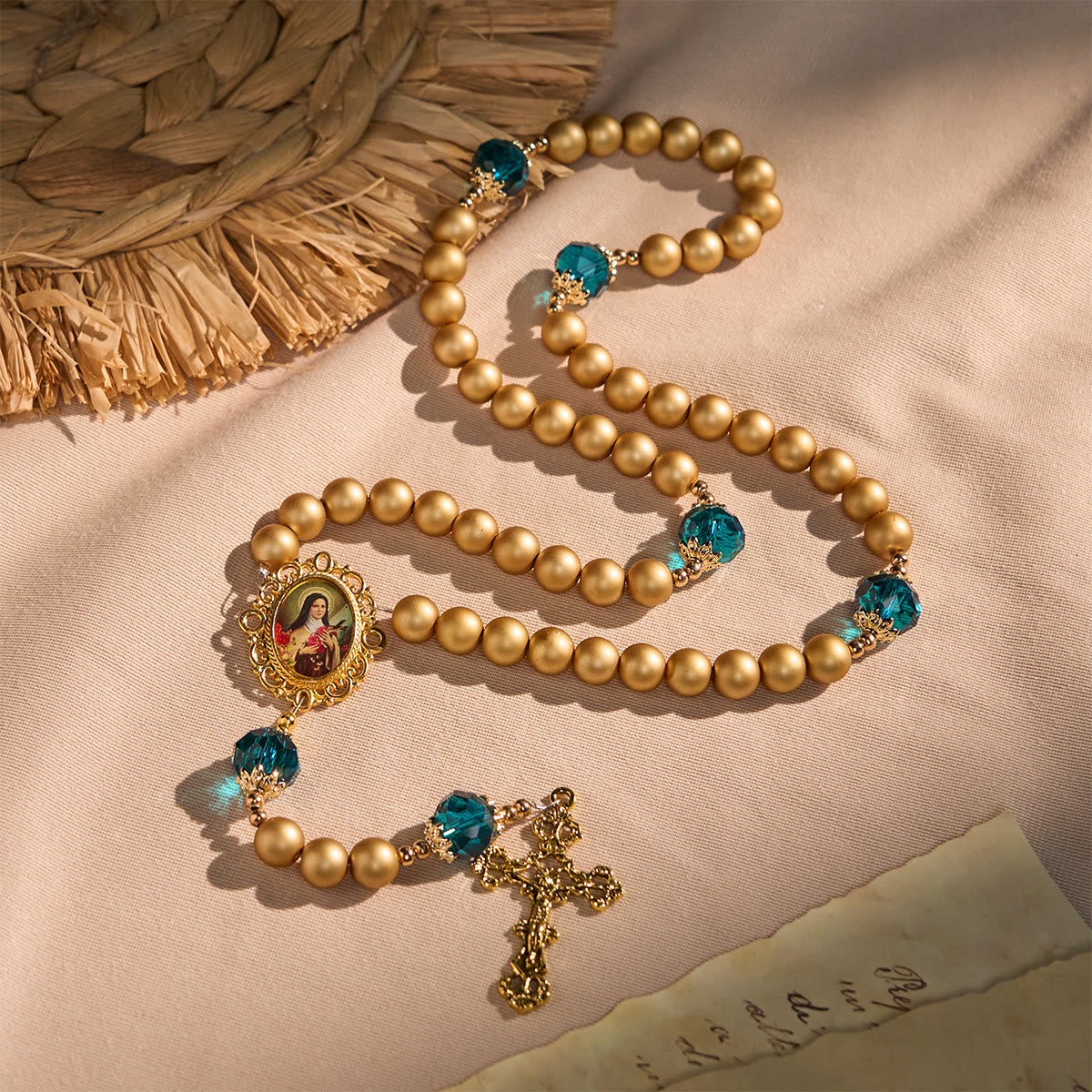 FREE Today: Elegant Matte Golden Pearl Rosary with St. Therese and Crucifix