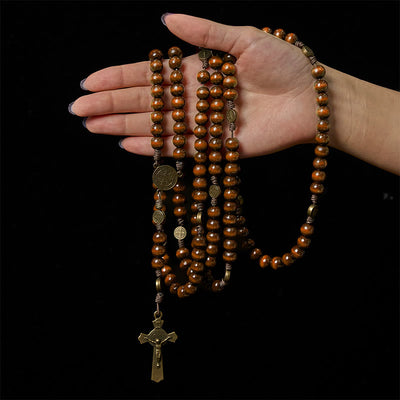 Christianartworkshop 15/20 Decade Olive Wood Rosary with St. Benedict, Crucifix & Waist Chain Design—Divine Devotion in Dual Use