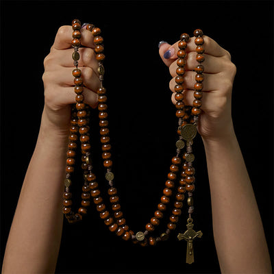 Christianartworkshop 15/20 Decade Olive Wood Rosary with St. Benedict, Crucifix & Waist Chain Design—Divine Devotion in Dual Use