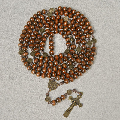 Christianartworkshop 15/20 Decade Olive Wood Rosary with St. Benedict, Crucifix & Waist Chain Design—Divine Devotion in Dual Use