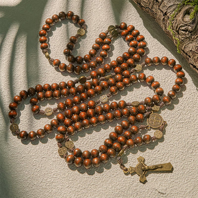 Christianartworkshop 15/20 Decade Olive Wood Rosary with St. Benedict, Crucifix & Waist Chain Design—Divine Devotion in Dual Use