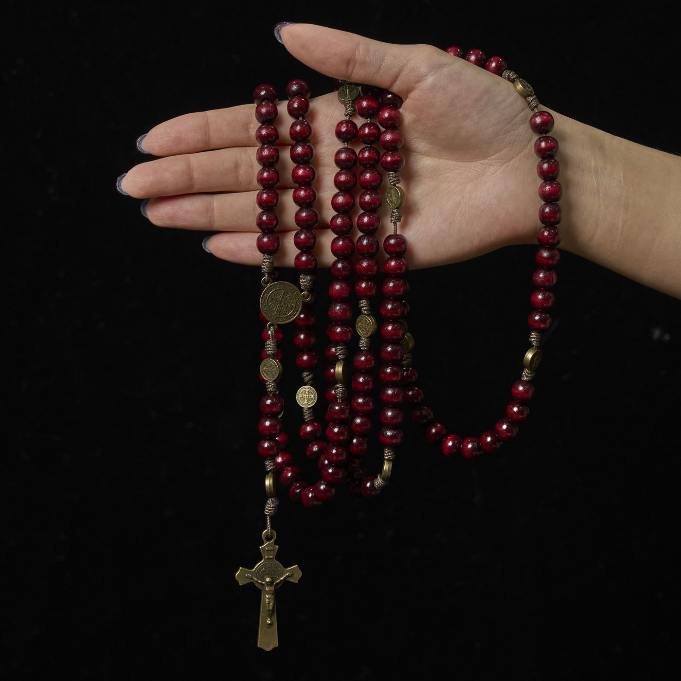 Christianartworkshop 15/20 Decade Olive Wood Rosary with St. Benedict, Crucifix & Waist Chain Design—Divine Devotion in Dual Use