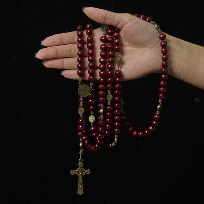 Christianartworkshop 15/20 Decade Olive Wood Rosary with St. Benedict, Crucifix & Waist Chain Design—Divine Devotion in Dual Use