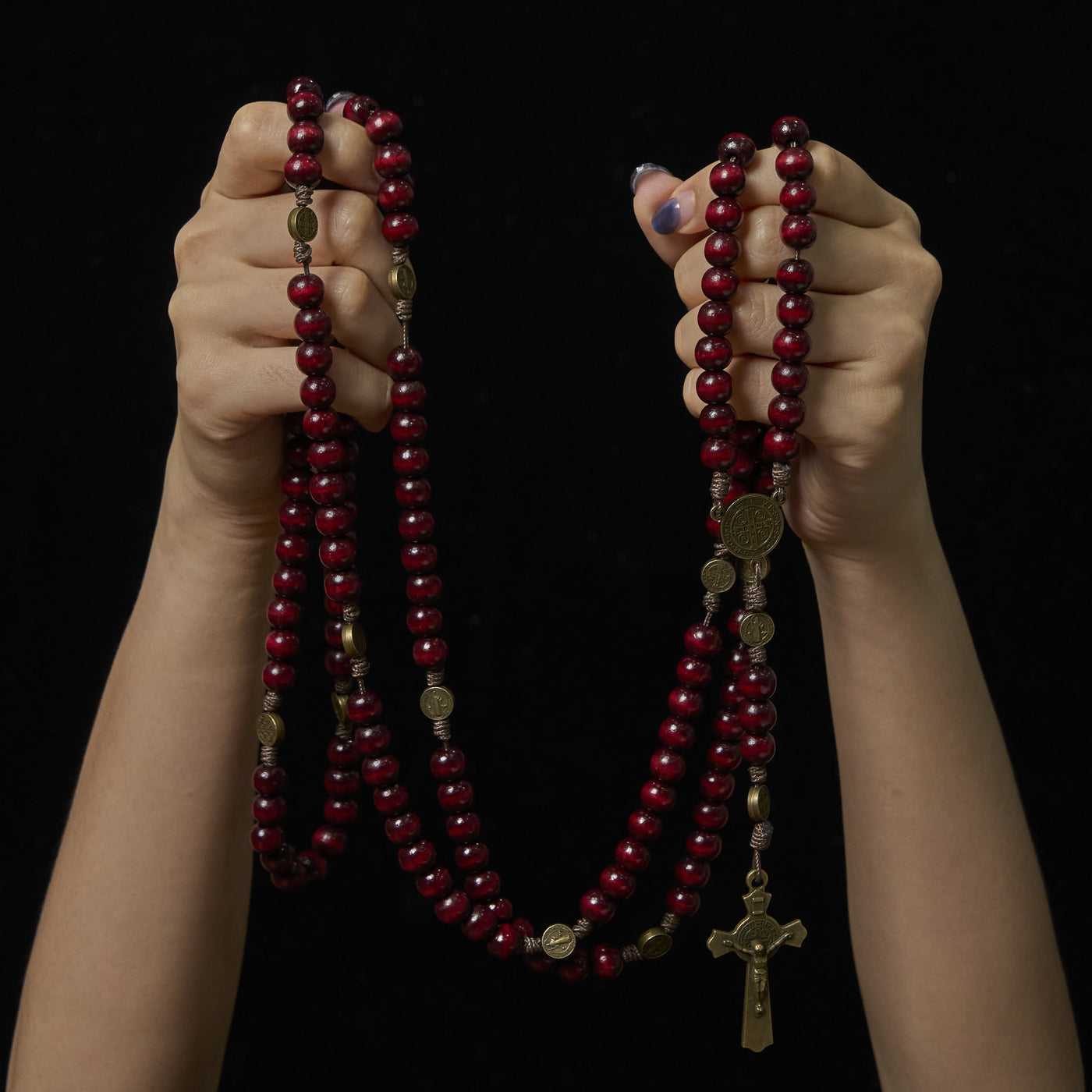 Christianartworkshop 15/20 Decade Olive Wood Rosary with St. Benedict, Crucifix & Waist Chain Design—Divine Devotion in Dual Use