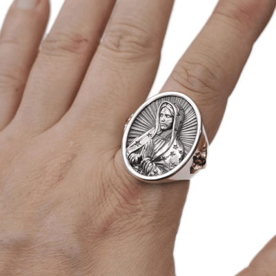 Christianartworkshop Virgin Mary Oval Ring in 925 Silver Divine Protection and Prayer