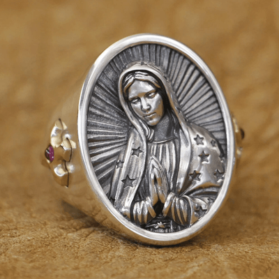 Christianartworkshop Virgin Mary Oval Ring in 925 Silver Divine Protection and Prayer