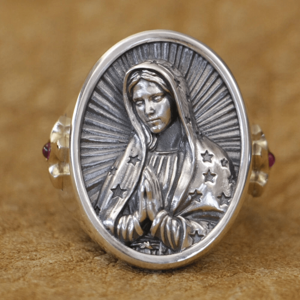 Christianartworkshop Virgin Mary Oval Ring in 925 Silver Divine Protection and Prayer