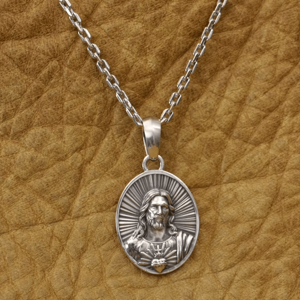 Christianartworkshop Divine Radiance Jesus Sacred Heart Necklace Crafted in Sterling Silver