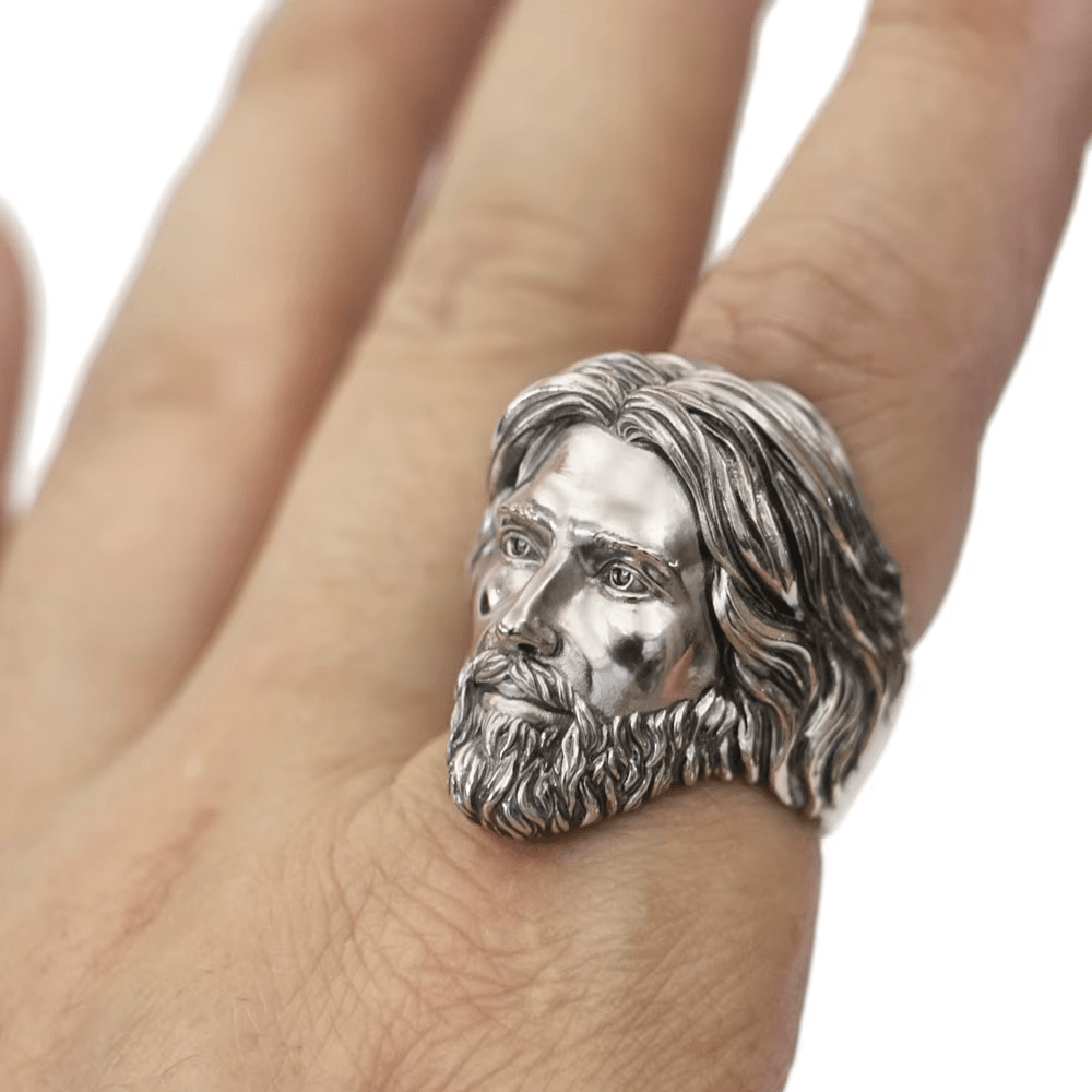 Christianartworkshop Sculpted Sacred Jesus Christ Portrait Ring Crafted in 925 Silver
