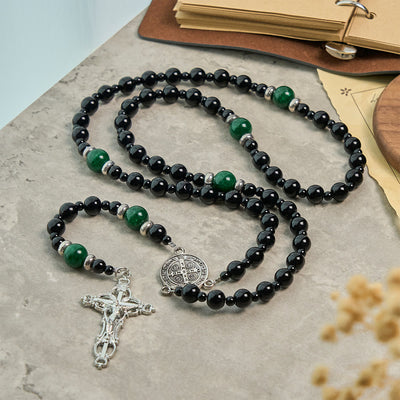 Christianartworkshop St. Benedict & Crucifix of 8mm Obsidian & Jade Handmade Bead Rosary - Faith and Sacred Connection