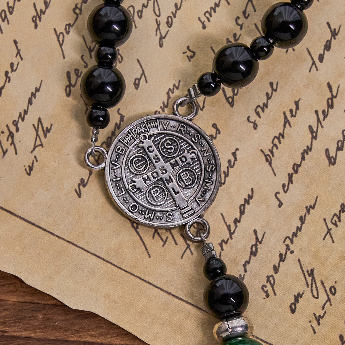 Christianartworkshop St. Benedict & Crucifix of 8mm Obsidian & Jade Handmade Bead Rosary - Faith and Sacred Connection