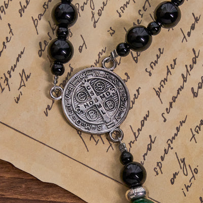 Christianartworkshop St. Benedict & Crucifix of 8mm Obsidian & Jade Handmade Bead Rosary - Faith and Sacred Connection