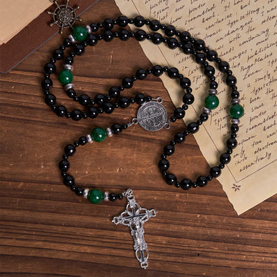Christianartworkshop St. Benedict & Crucifix of 8mm Obsidian & Jade Handmade Bead Rosary - Faith and Sacred Connection