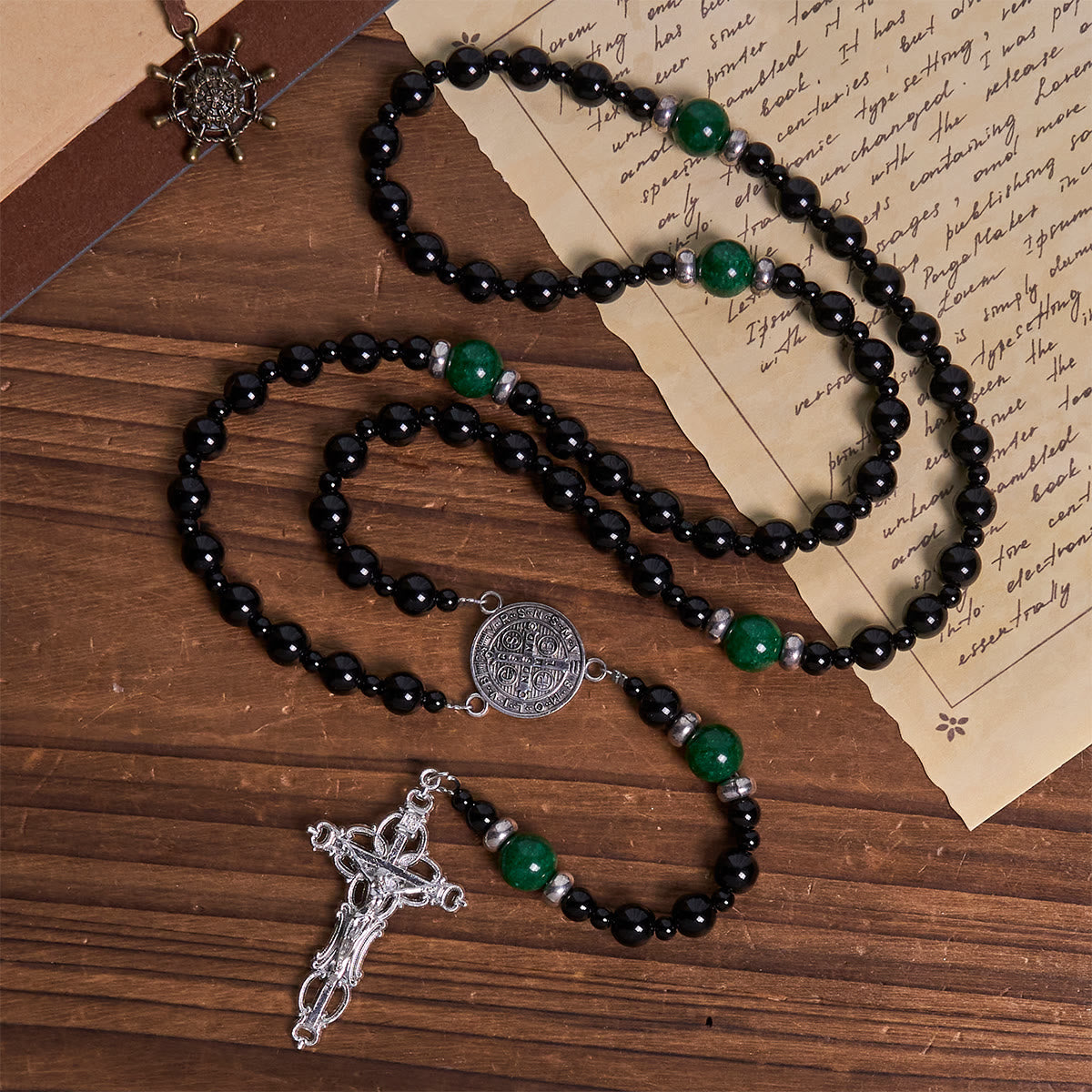 Christianartworkshop St. Benedict & Crucifix of 8mm Obsidian & Jade Handmade Bead Rosary - Faith and Sacred Connection