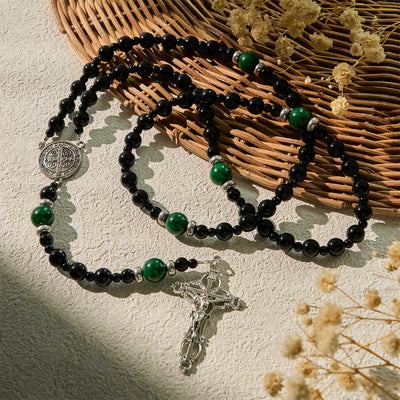 Christianartworkshop St. Benedict & Crucifix of 8mm Obsidian & Jade Handmade Bead Rosary - Faith and Sacred Connection