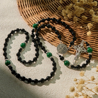 Christianartworkshop St. Benedict & Crucifix of 8mm Obsidian & Jade Handmade Bead Rosary - Faith and Sacred Connection