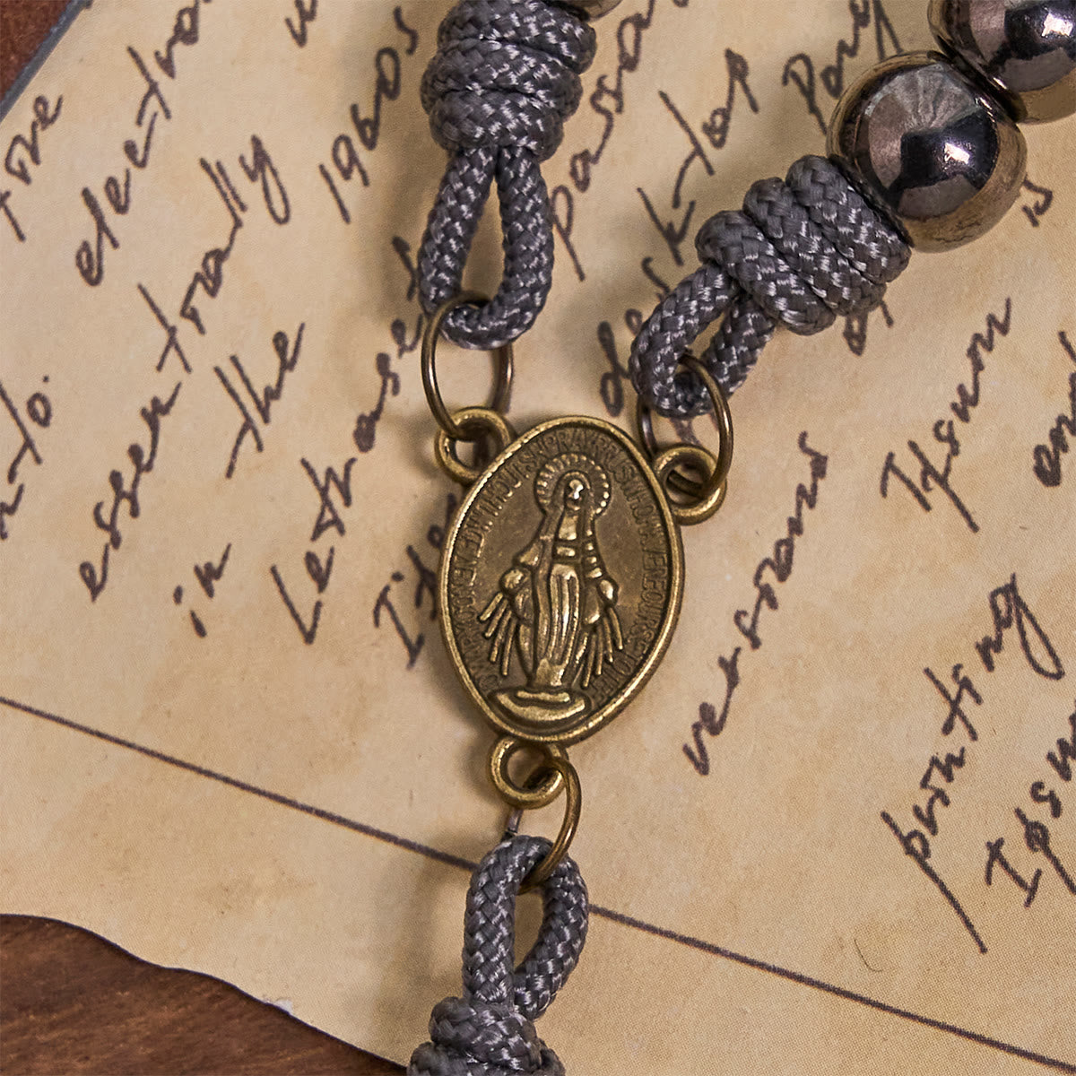 FREE Today: Miraculous Medal & Crucifix of 8 mm Round Silver Black Gallstone Nylon Cord Rosary