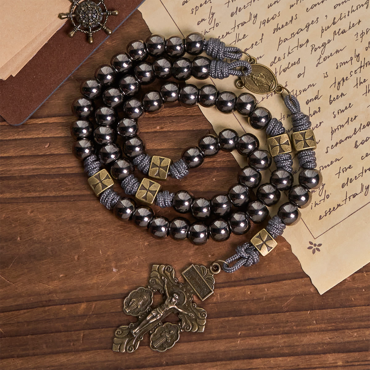 FREE Today: Miraculous Medal & Crucifix of 8 mm Round Silver Black Gallstone Nylon Cord Rosary