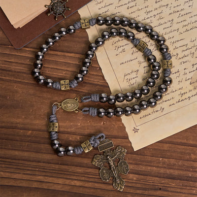 FREE Today: Miraculous Medal & Crucifix of 8 mm Round Silver Black Gallstone Nylon Cord Rosary