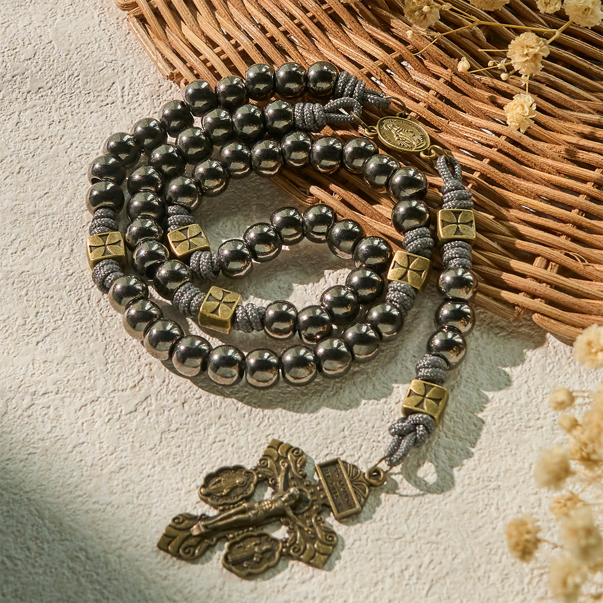 FREE Today: Miraculous Medal & Crucifix of 8 mm Round Silver Black Gallstone Nylon Cord Rosary