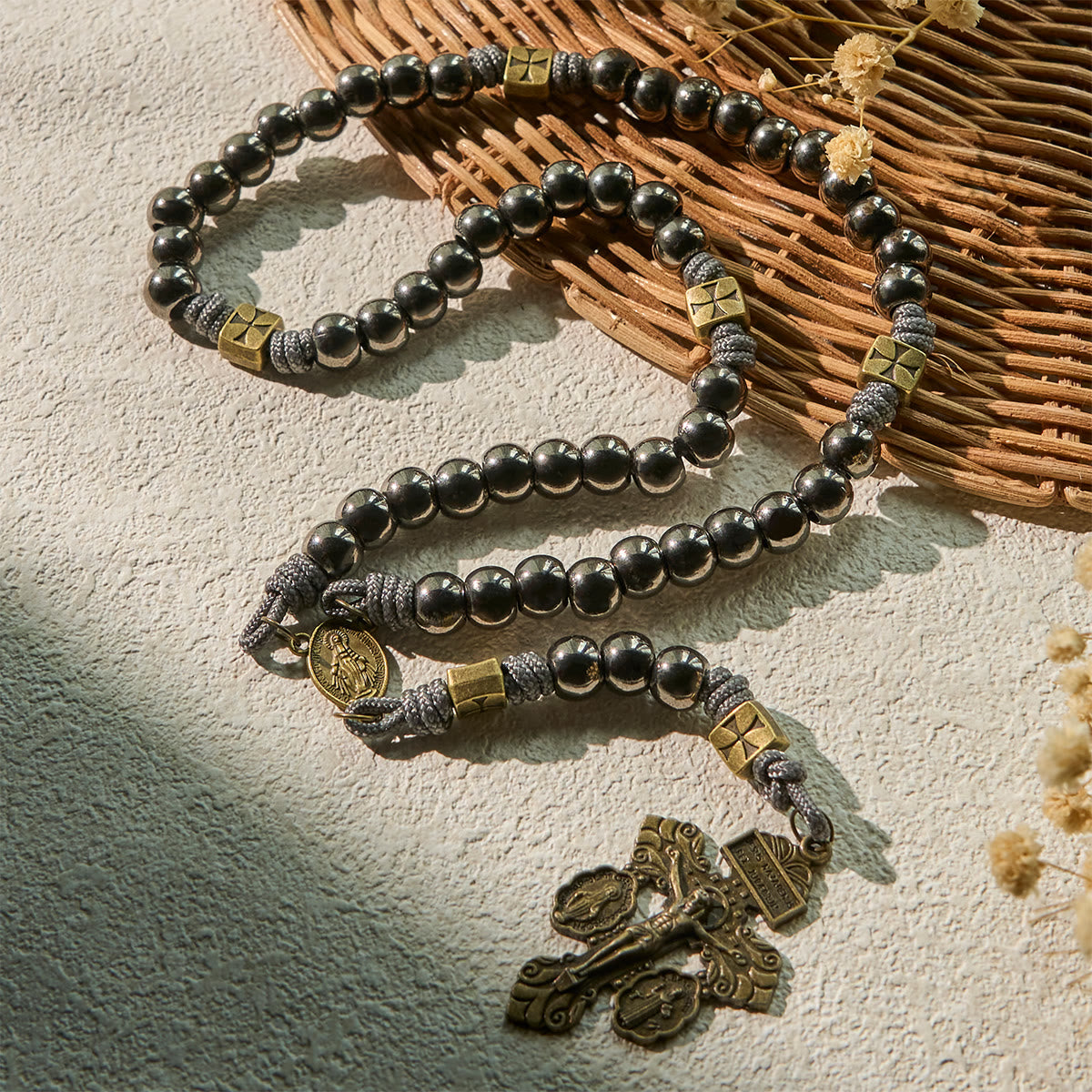 FREE Today: Miraculous Medal & Crucifix of 8 mm Round Silver Black Gallstone Nylon Cord Rosary