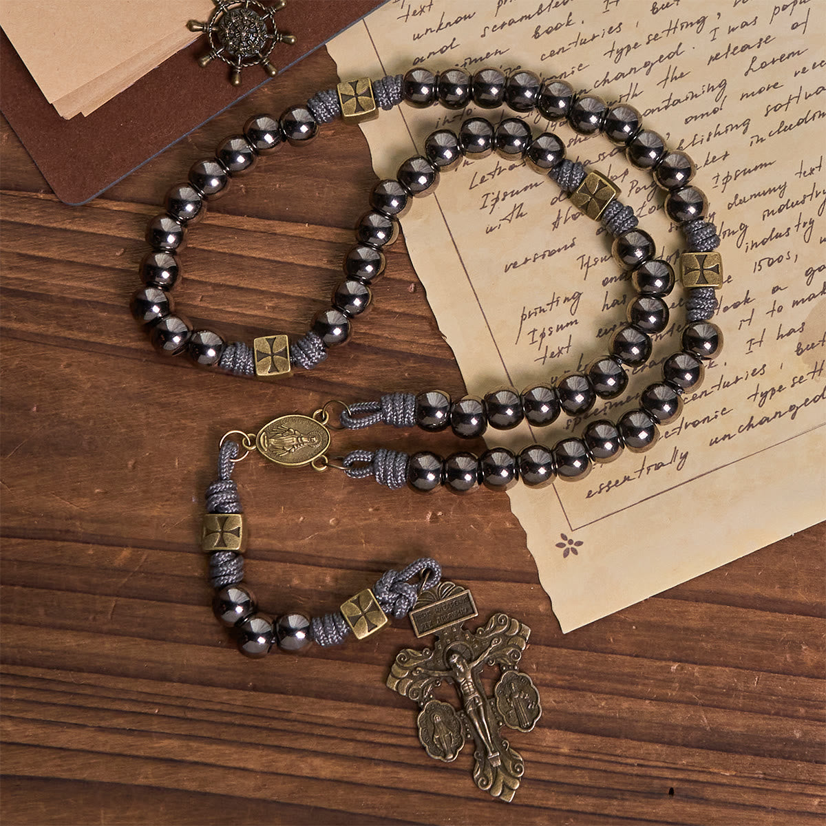 Christianartworkshop Miraculous Medal & Crucifix of 8 mm Round Silver Black Gallstone Nylon Cord Rosary