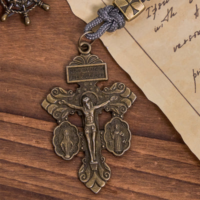 Christianartworkshop Miraculous Medal & Crucifix of 8 mm Round Silver Black Gallstone Nylon Cord Rosary