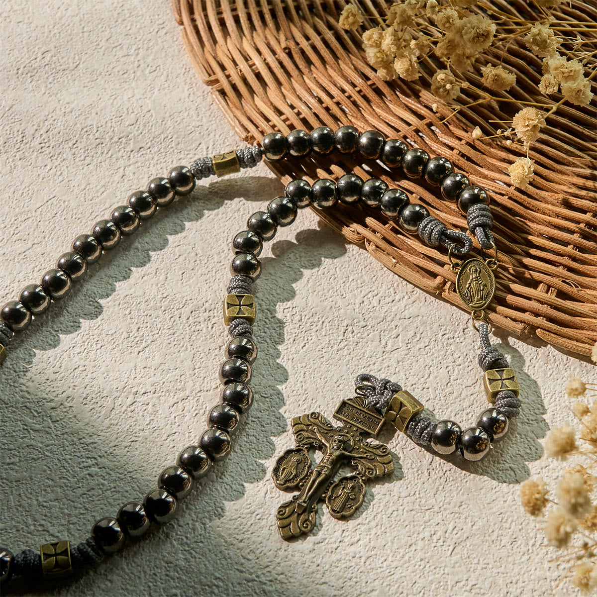 Christianartworkshop Miraculous Medal & Crucifix of 8 mm Round Silver Black Gallstone Nylon Cord Rosary
