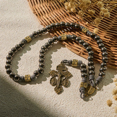 Christianartworkshop Miraculous Medal & Crucifix of 8 mm Round Silver Black Gallstone Nylon Cord Rosary