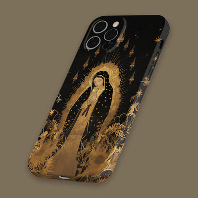 Christianartworkshop Our Lady of Guadalupe Golden & Black Floral Phone Case