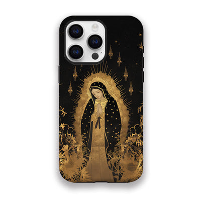Christianartworkshop Our Lady of Guadalupe Golden & Black Floral Phone Case