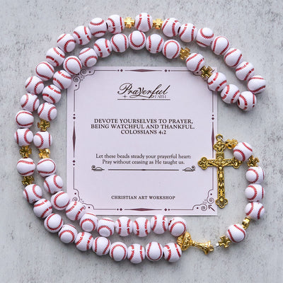 Christianartworkshop PRAYERFUL FAITH: Blessed Miniature Baseball Beads Rosary with Golden Holy Chalice & Crucifix