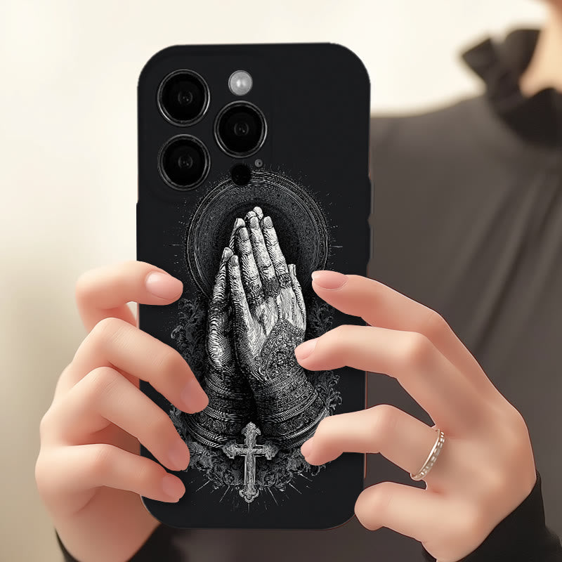 Christianartworkshop Faith in Praying Hands Phone Case: Elegant Monochrome Design