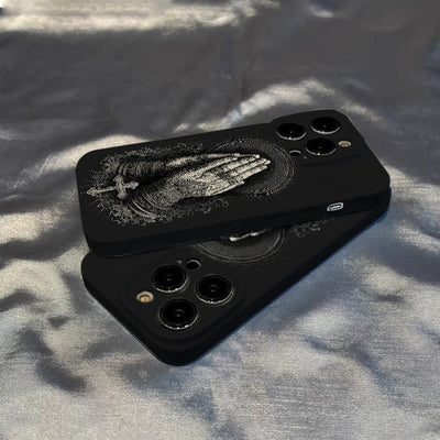 Christianartworkshop Faith in Praying Hands Phone Case: Elegant Monochrome Design