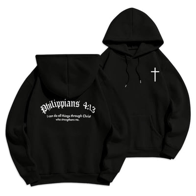 Christianartworkshop Quotation Style Bold Faith in Philippians 413 Fleece Lined Polyester Hoodie