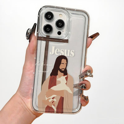 Christianartworkshop Faith-Inspired Christian Symbolism Phone Case: Virgin Mary, Jesus & Cross Art