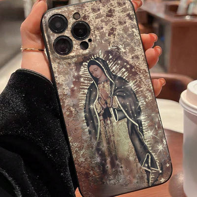 Christianartworkshop Faith-Inspired Christian Symbolism Phone Case: Virgin Mary, Jesus & Cross Art