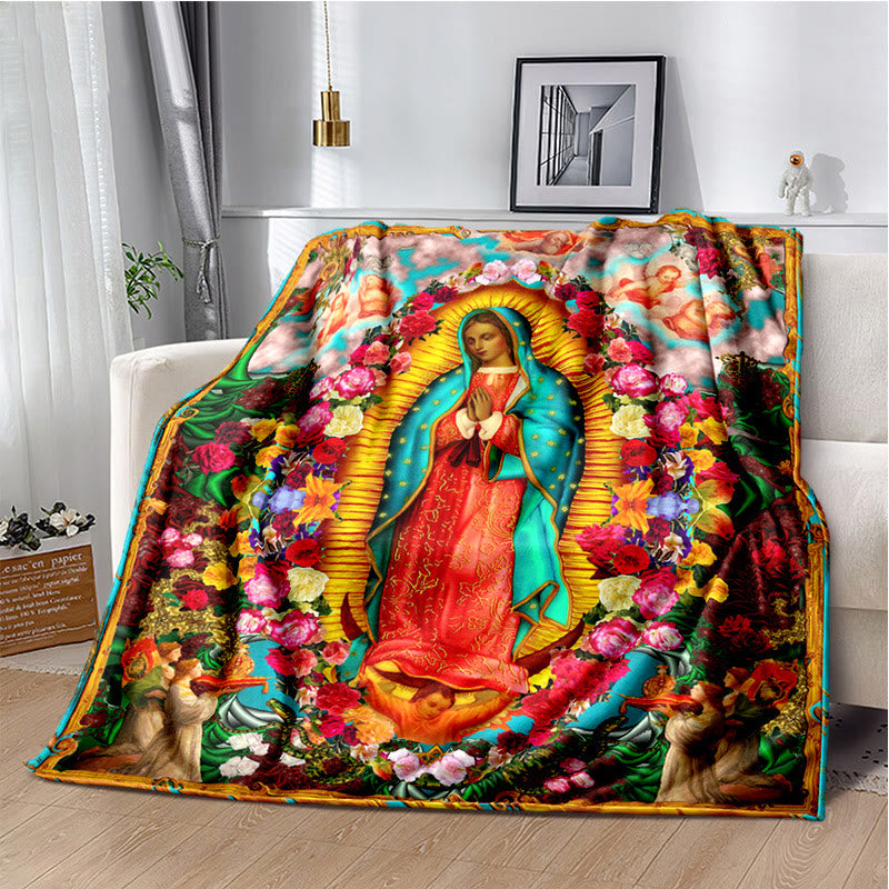 Christianartworkshop Colored Style Our Lady of Guadalupe Flannel Blanket: Cozy Faith for Bedroom & Sofa