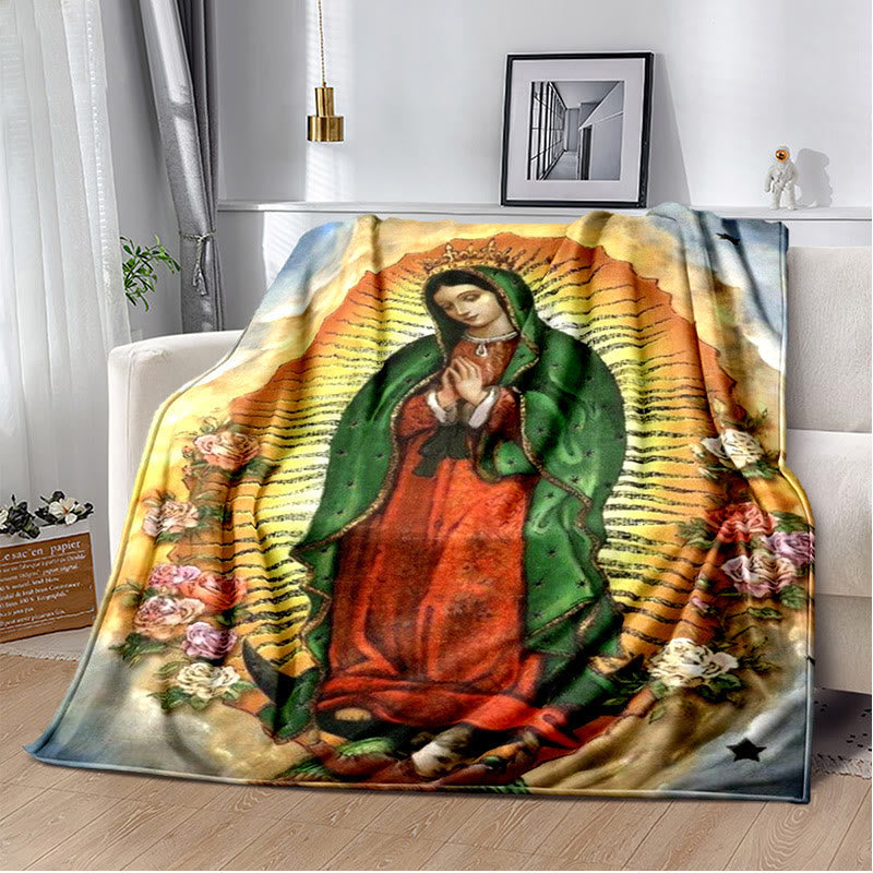 Christianartworkshop Colored Style Our Lady of Guadalupe Flannel Blanket: Cozy Faith for Bedroom & Sofa