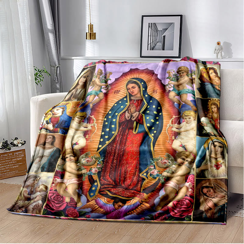 Christianartworkshop Colored Style Our Lady of Guadalupe Flannel Blanket: Cozy Faith for Bedroom & Sofa