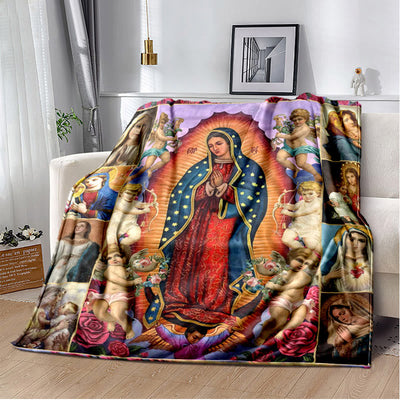 Christianartworkshop Colored Style Our Lady of Guadalupe Flannel Blanket: Cozy Faith for Bedroom & Sofa