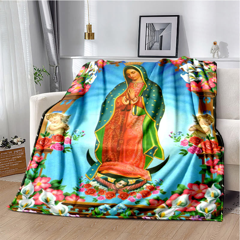 Christianartworkshop Colored Style Our Lady of Guadalupe Flannel Blanket: Cozy Faith for Bedroom & Sofa