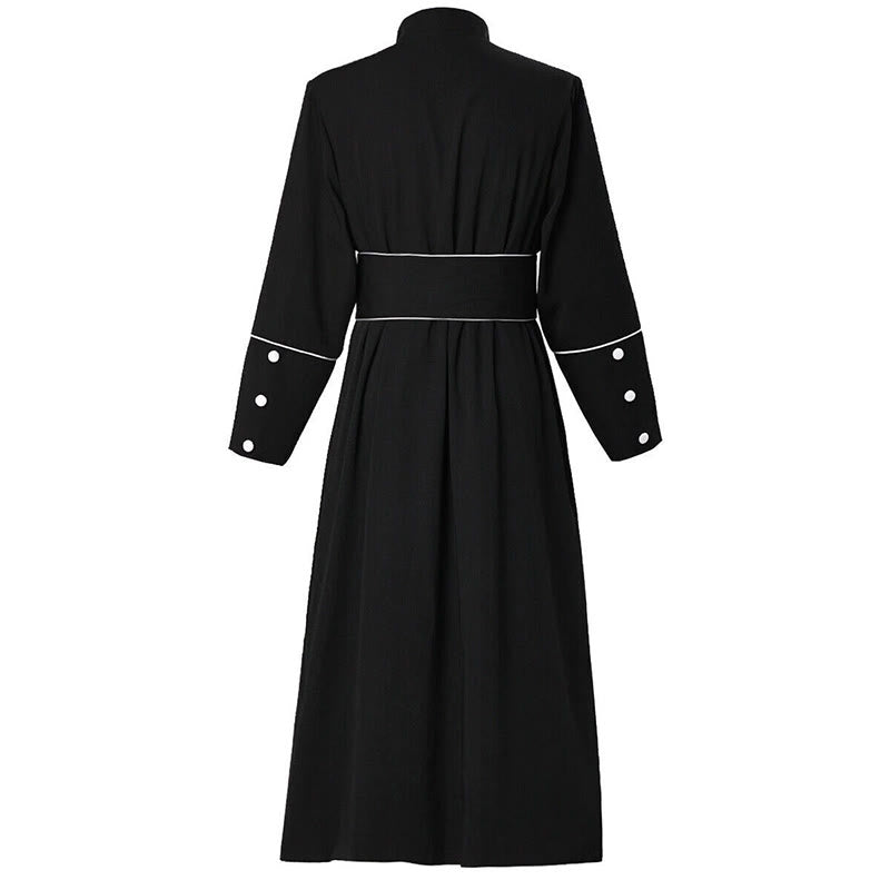 Christianartworkshop Ceremonial Black and White Stand Collar Clergy Robe with Belt & Cross Motifs