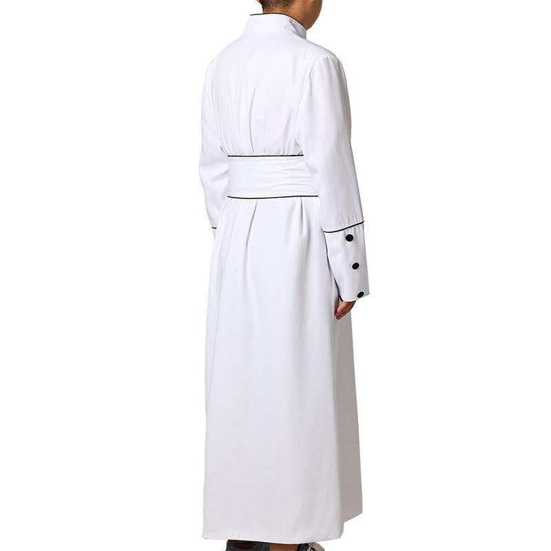 Christianartworkshop Ceremonial Black and White Stand Collar Clergy Robe with Belt & Cross Motifs