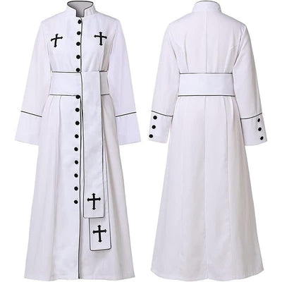 Christianartworkshop Ceremonial Black and White Stand Collar Clergy Robe with Belt & Cross Motifs